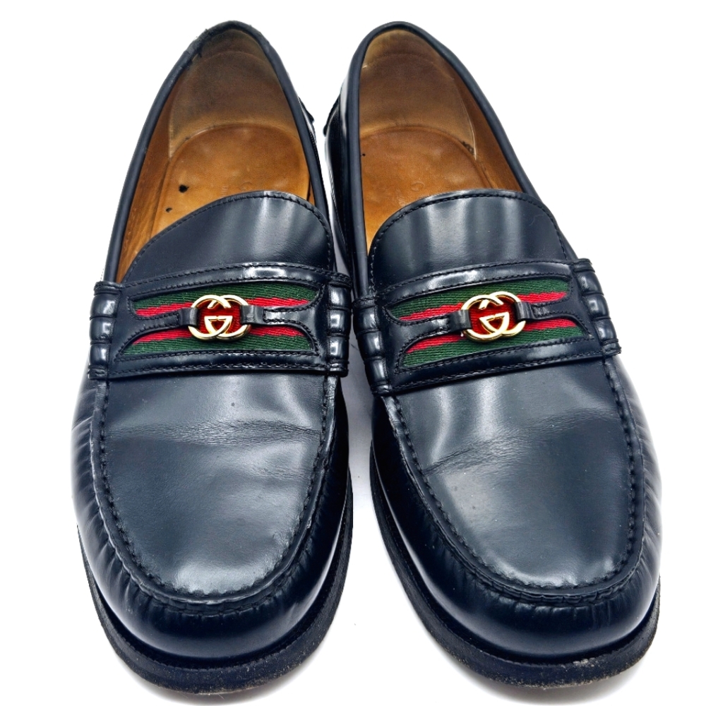 Gucci Men's Black Kaveh Interlocking GG Leather Penny Loafers Shoes Men 8.5 READ